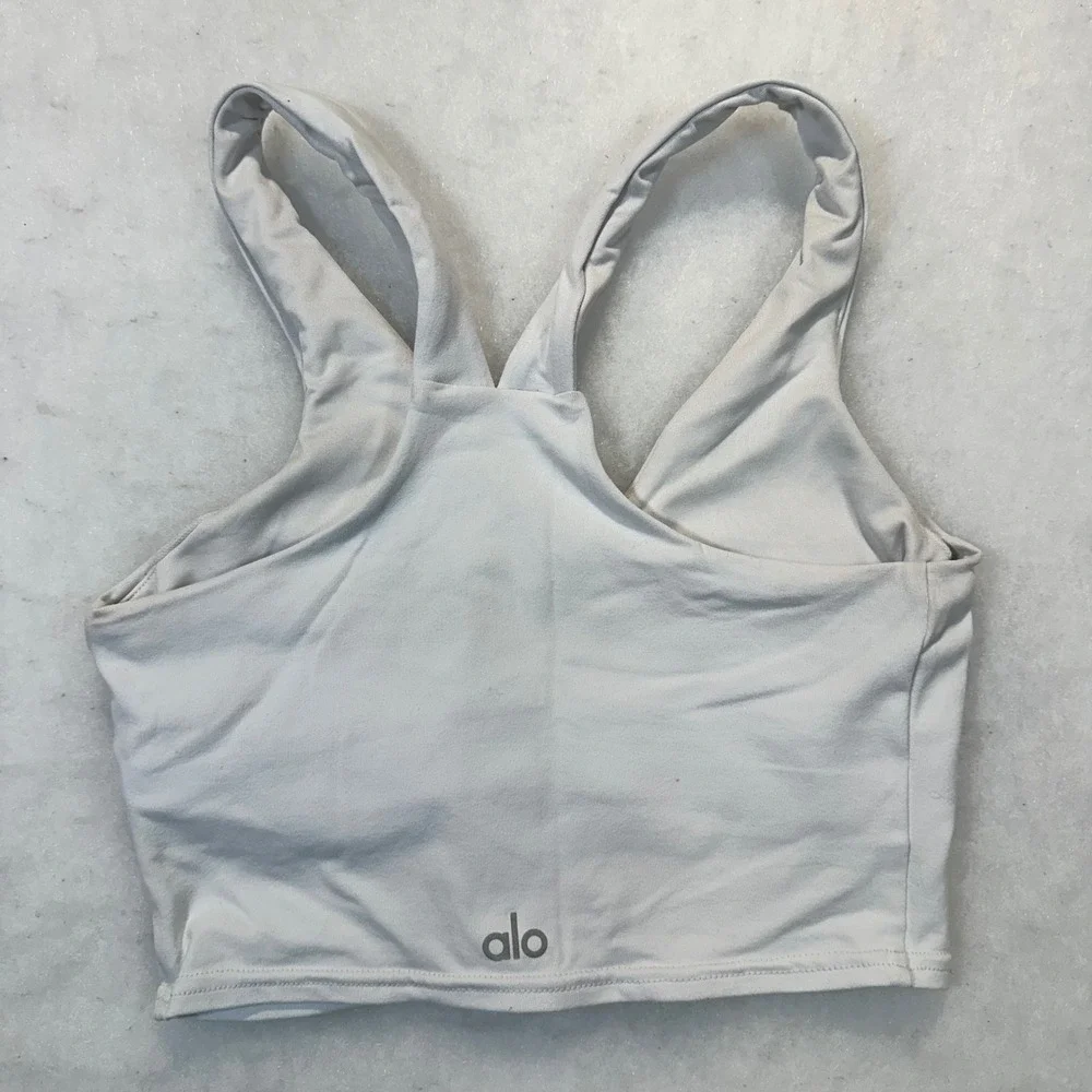 Alo Real Bra Tank Women XS‎ Gray Cropped V-Neck Racerback Athleisure Yoga Top